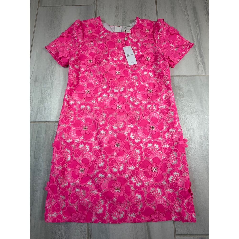 Lilly Pulitzer Malena Lace Shift Dress Pink Flower Pop 3D Floral Mini 4 NEW